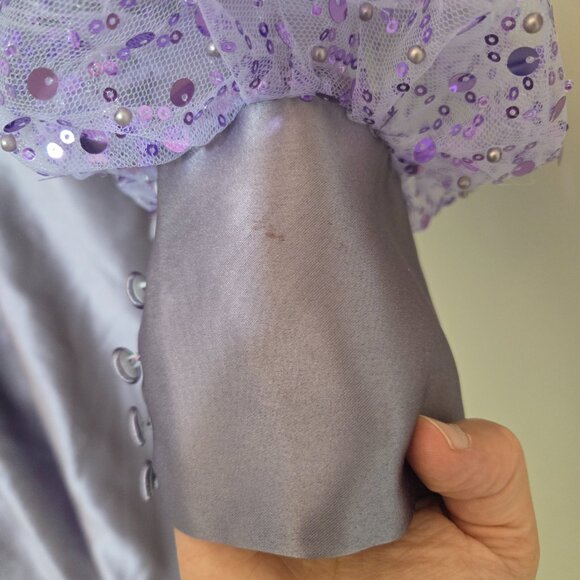 Sz 14 Unbranded Light Purple/Lavender Sequin Tulle & Satin Puff Long Sleeve Gown - Picture 4 of 13